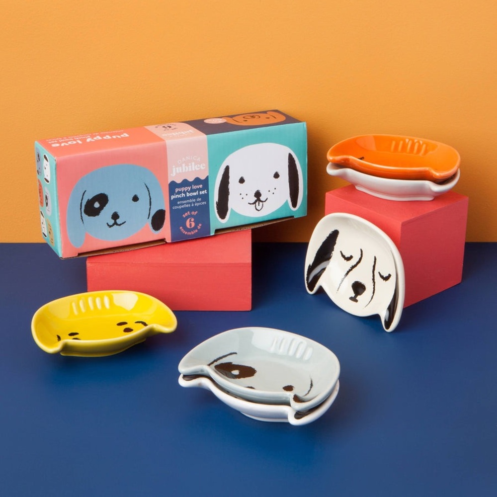 Puppy Love pinch bowls set in gift box/2oz stoneware/6 different puppy faces-NIB